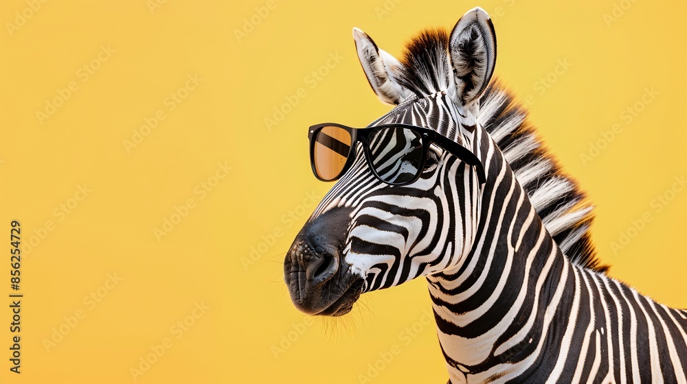 A zebra with sunglasses on its head and a yellow background A zebra with sunglasses on its head and a yellow background