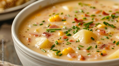 Vibrant close-up of bacon potato and corn chowder, rich and creamy, topped with chopped chives, presented in a cozy kitchen setting, emphasizing the fresh and homemade appeal photo