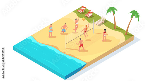 People playing beach volleyball with loungers and palm trees in the background. Vector illustration