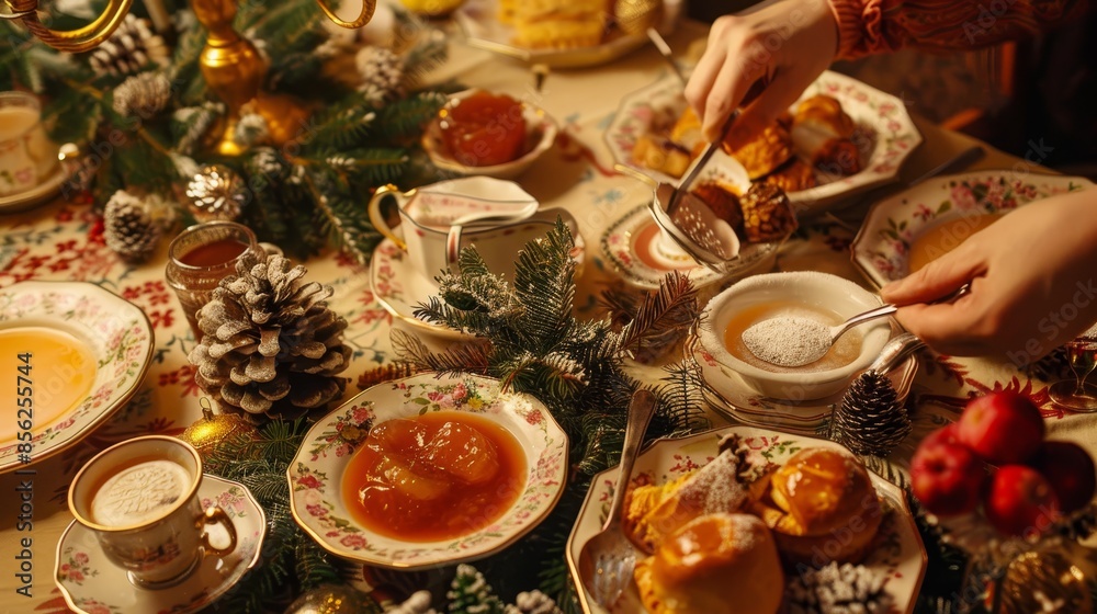 Festive family breakfast gathering with hands passing dishes and homemade preserves. Festive family breakfast gathering with hands passing dishes and homemade preserves.