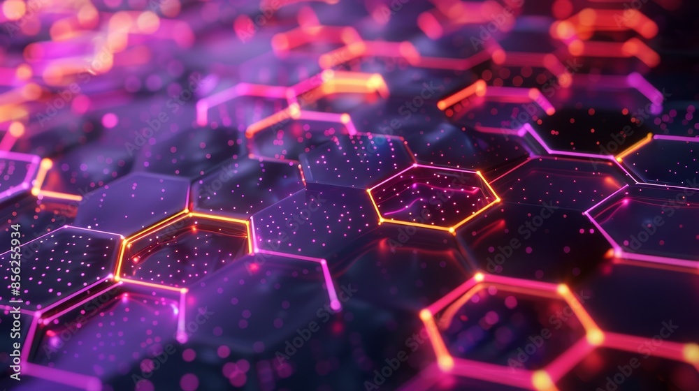 Futuristic hexagon grids illuminated in vibrant neon hues, representing cutting-edge digital connectivity. Futuristic hexagon grids illuminated in vibrant neon hues, representing cutting-edge digital connectivity.