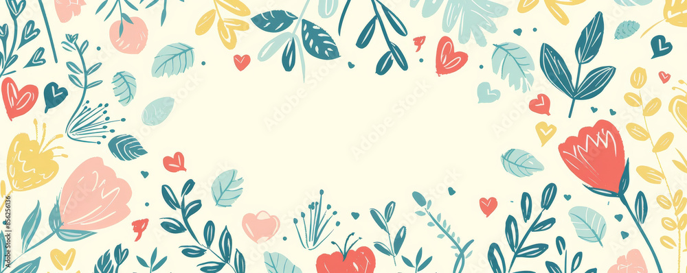 Mother's Day background with a hand-drawn style featuring flowers, leaves, and hearts. Mother's Day background with a hand-drawn style featuring flowers, leaves, and hearts.