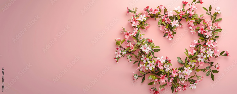 Mother's Day background with a heart-shaped floral wreath on a light pink background. Mother's Day background with a heart-shaped floral wreath on a light pink background.