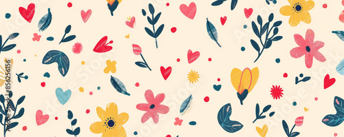Mother's Day background with a hand-drawn style featuring flowers, leaves, and hearts.