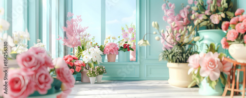 Mother's Day background with a pastel-colored scene of a flower shop window. © AI_images