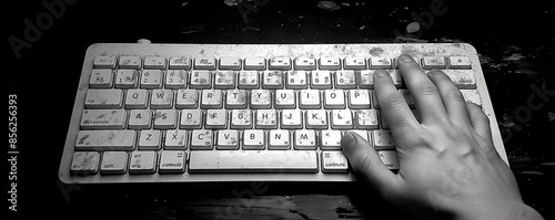 A black and white image capturing a hand on a filthy, old keyboard photo