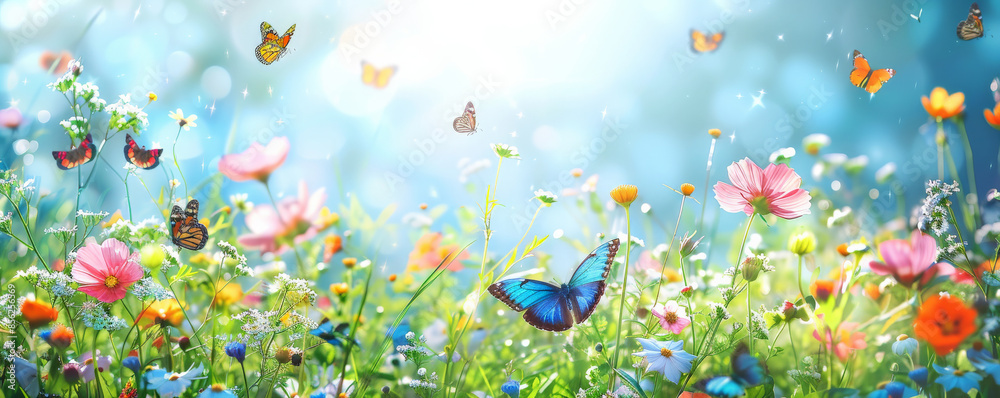 Mother's Day background with a spring meadow full of colorful flowers and butterflies. Mother's Day background with a spring meadow full of colorful flowers and butterflies.