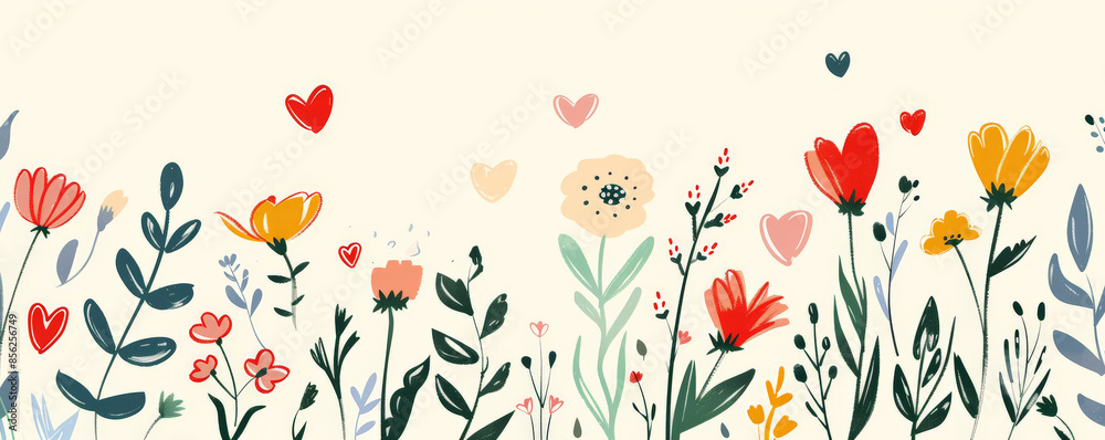 Fototapeta premium Mother's Day background with a whimsical, hand-drawn style featuring flowers and hearts.