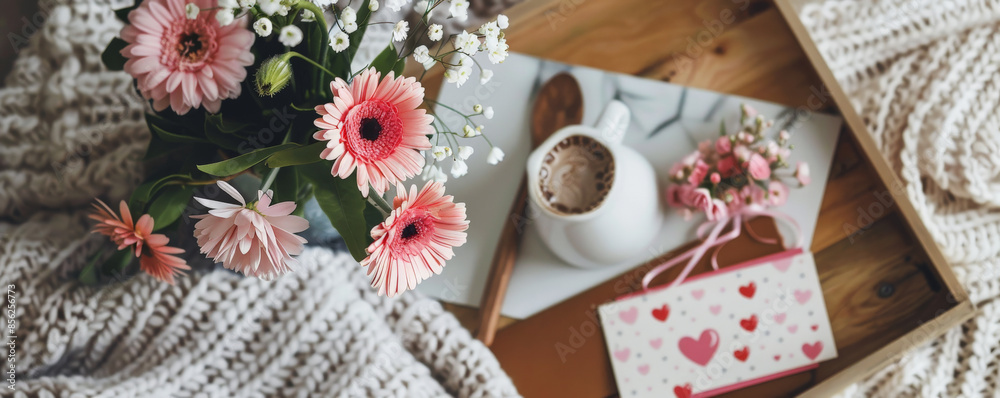 Mother's Day background with an overhead view of a breakfast tray with flowers and a card. Mother's Day background with an overhead view of a breakfast tray with flowers and a card.