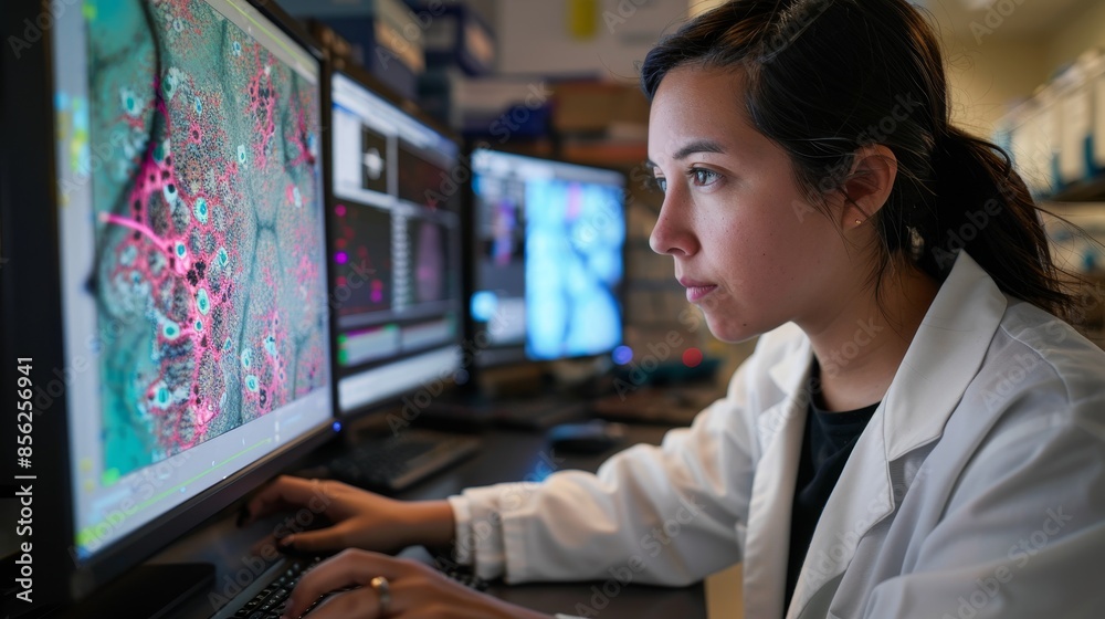 custom made wallpaper toronto digitalPathology slide review: Biomedical analyst in a detailed image, identifying disease patterns.