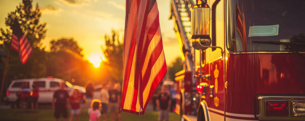 National Flag Day (USA) background featuring an American flag hanging from a fire truck ladder, with a backdrop of a community event, families, and a festive atmosphere.