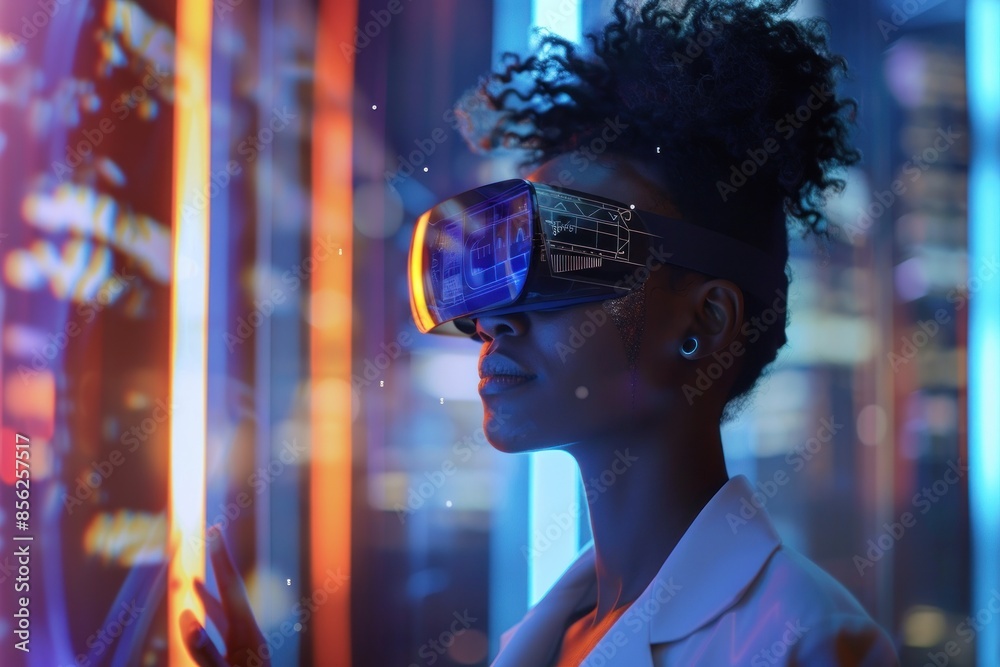 Woman holding an illuminated tube in a tech environment Woman holding an illuminated tube in a tech environment
