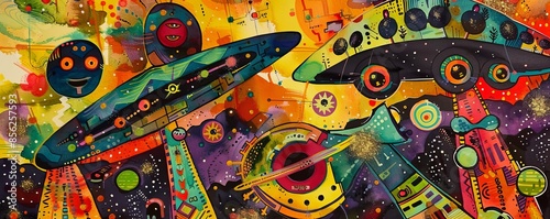 Vivid pop art watercolors depict ethereal UFOs emblazoned with shimmering sparkles, descending upon a vibrant robot festival. photo
