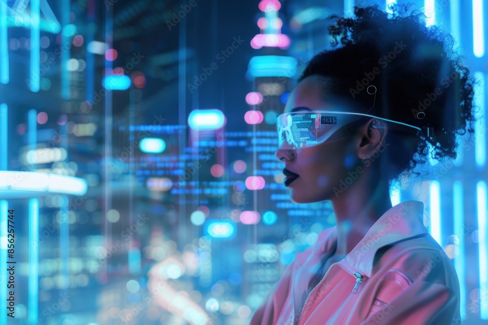 Woman with neon lights in background Woman with neon lights in background