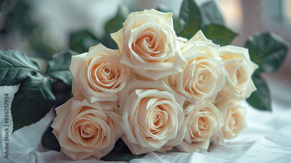 Obraz premium White roses bouquet on white background with soft focus.