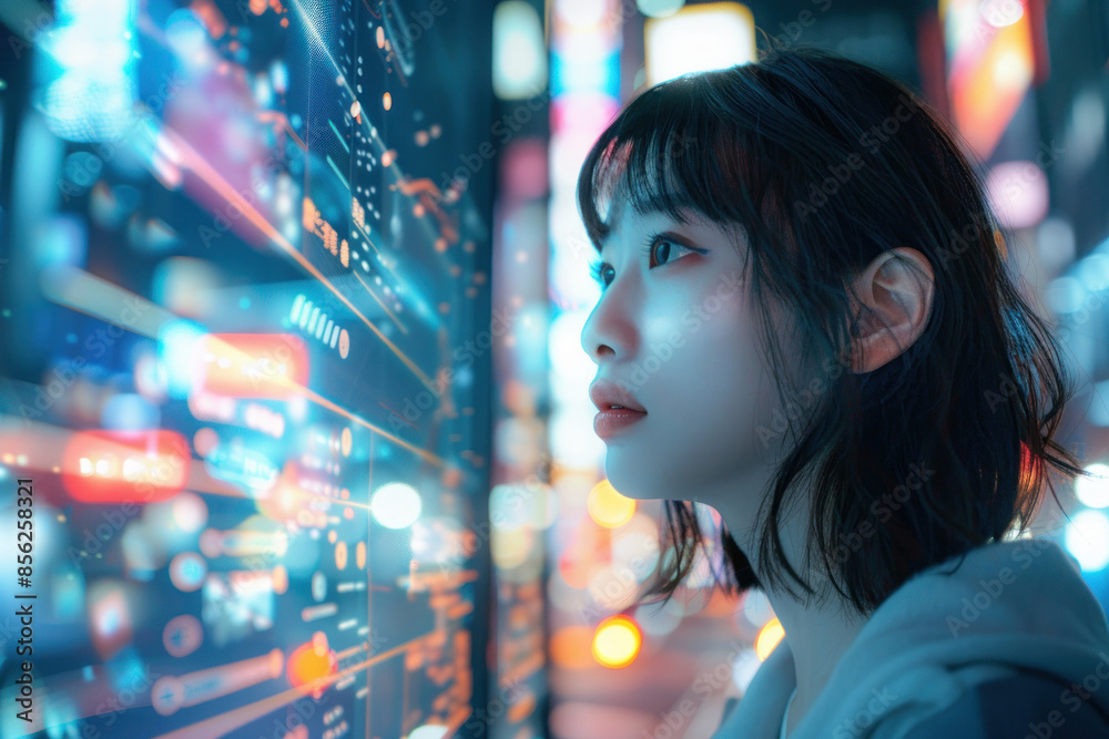 Woman facing futuristic data screens Woman facing futuristic data screens