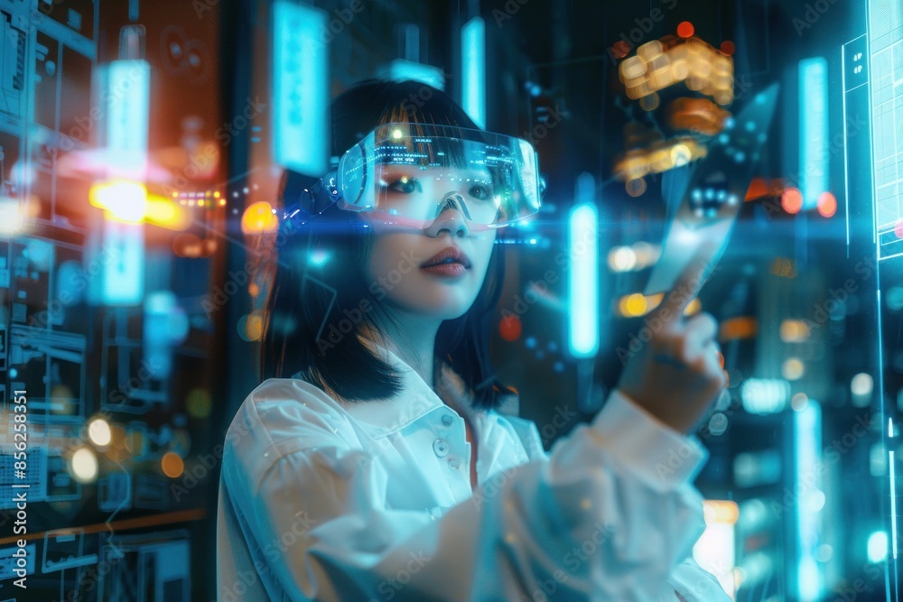 Female with augmented reality glasses Female with augmented reality glasses