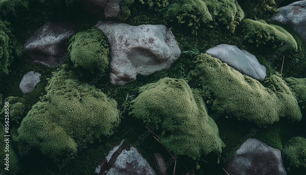 Fototapeta premium Stone surface with moss texture background. Green moody nature. Blurred backdrop.