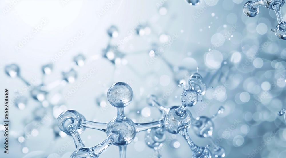 Water molecules and closeup of water on a light blue white gradient background, light gray tone, transparent glass material. Water molecules and closeup of water on a light blue white gradient background, light gray tone, transparent glass material.