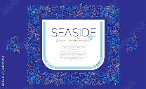 Vector frame, border, vignettes, corners of line art tropical sea elements, seashells, starfish. Doodles of marine life. Sea decor for scrapbook, card, design. Ocean creatures. Maritime illustration