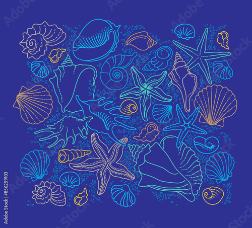 Vector square illustration of line art tropical sea elements, seashells, starfish. Doodles of marine life. Sea decor for scrapbook, card, decoration, design. Ocean creatures. Maritime illustration