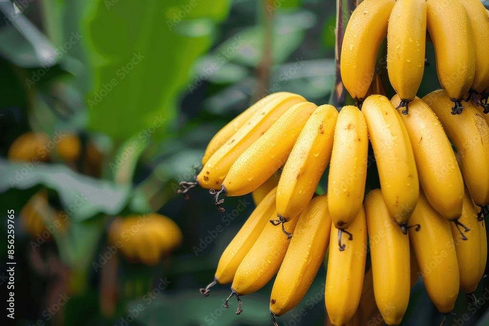 A bunch of ripe bananas hanging from a banana tree with large green leaves in the background. A bunch of ripe bananas hanging from a banana tree with large green leaves in the background.