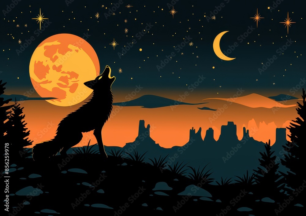 Howling Coyote Against Stunning Desert Nightscape with Full Moon and Crescent Moon under Starry Sky in Vibrant Illustration Howling Coyote Against Stunning Desert Nightscape with Full Moon and Crescent Moon under Starry Sky in Vibrant Illustration