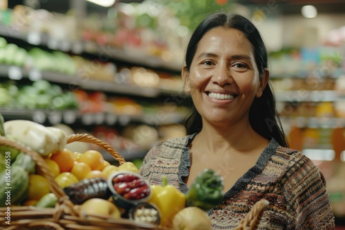 Latin woman shopping for fresh groceries with a smile. photo