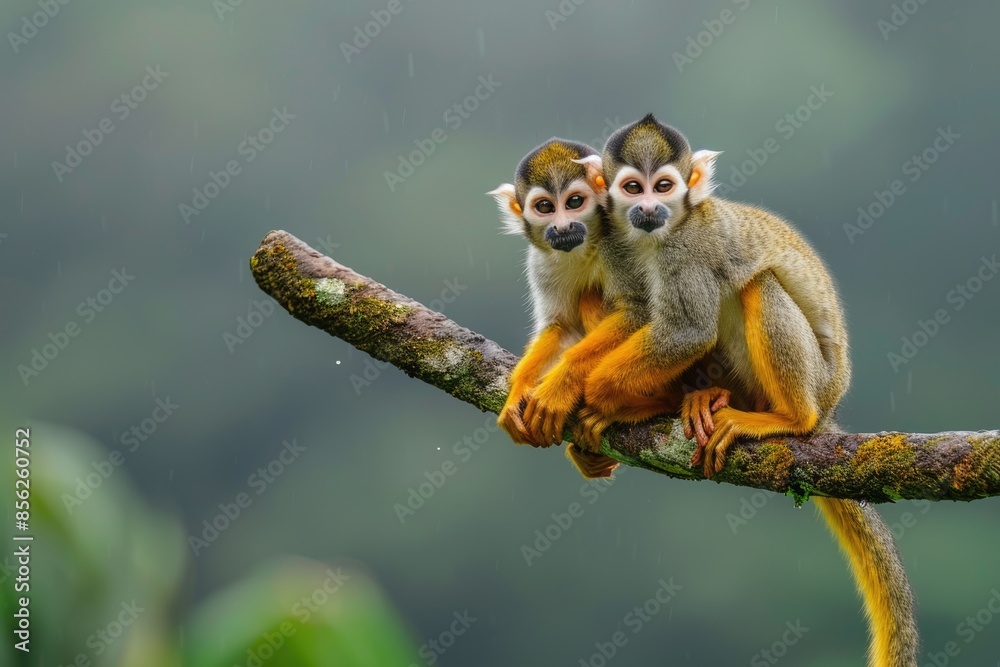 Obraz premium Two common squirrel monkeys Saimiri sciureus playing on a tree branch