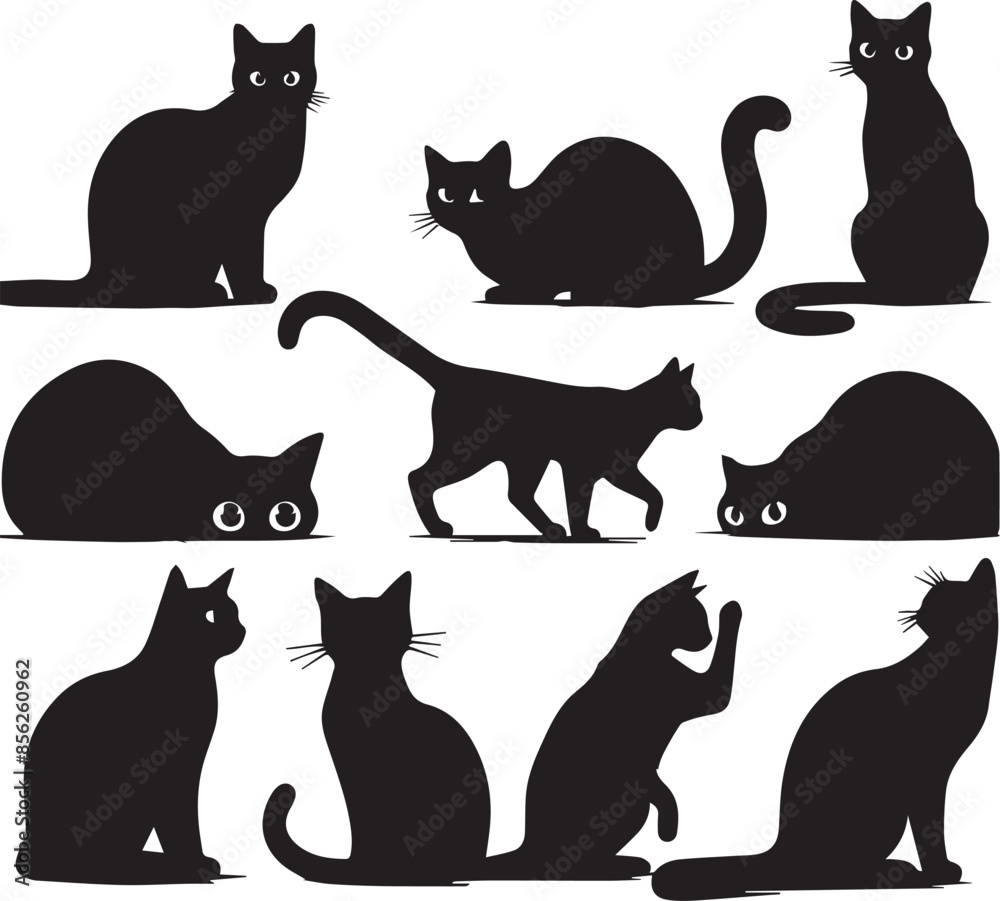 Fototapeta premium Collection of Black Cat Faces Peeking from Corners: Playful and Spying Pets - Tattoo Designs