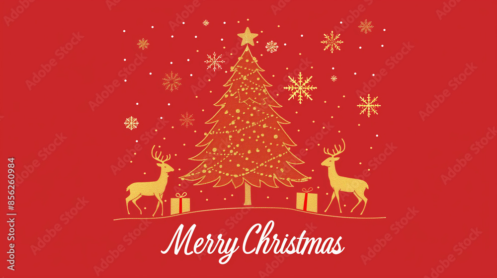 Christmas tree, deer and presents, simple golden line drawing, red background, text 