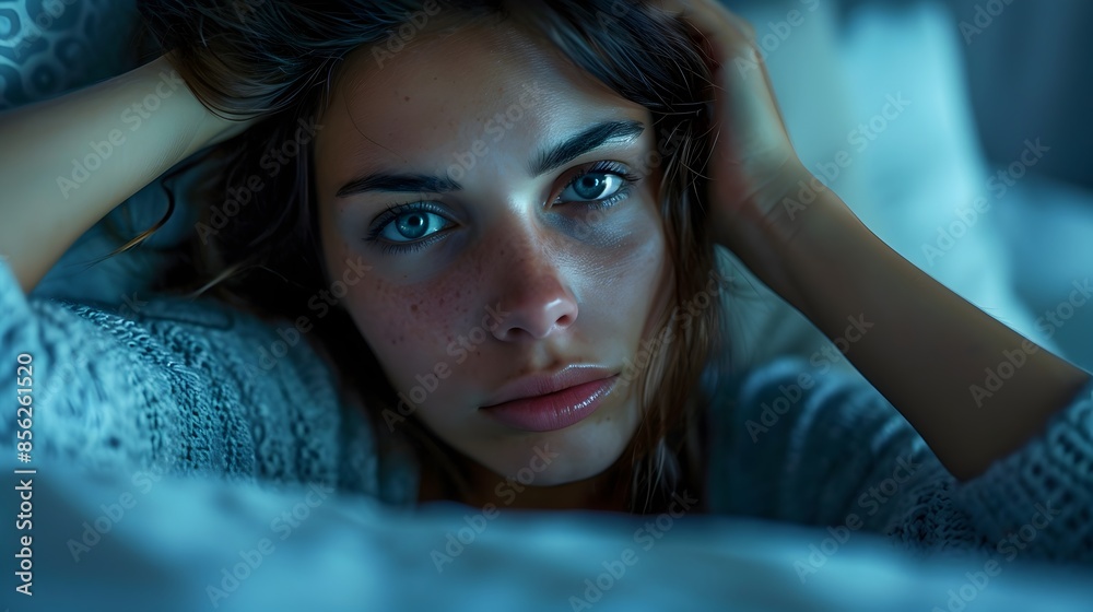 Close-Up of Sick and Stressed Woman in Bed with Hand on Her Head Close-Up of Sick and Stressed Woman in Bed with Hand on Her Head