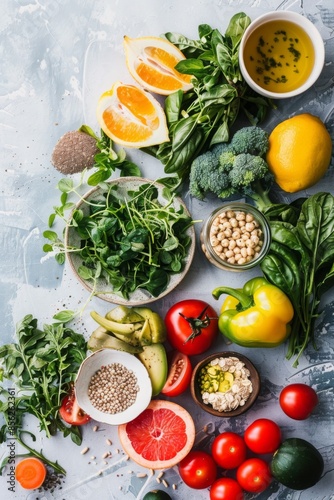 Top view of a vibrant and healthy meal setup with a variety of fruits, vegetables, and superfoods. Ideal for themes of balanced diet and wellness