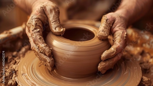 A close-up of a potter's hands shaping clay on a wheel, with the beginnings of a new vase.