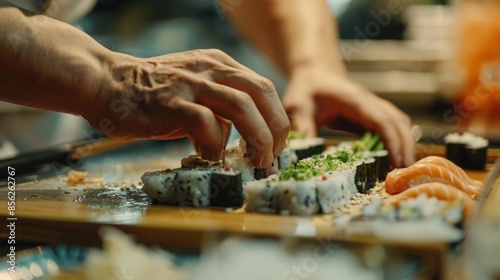 A close-up of a chef's hands preparing sushi, with the ingredients laid out in precise detail.