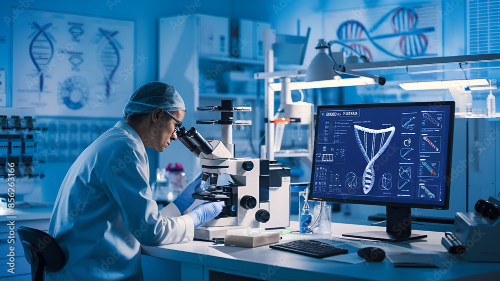 Female chemist analyzing something through a microscope in laboratory. Generated ai Female chemist analyzing something through a microscope in laboratory. Generated ai