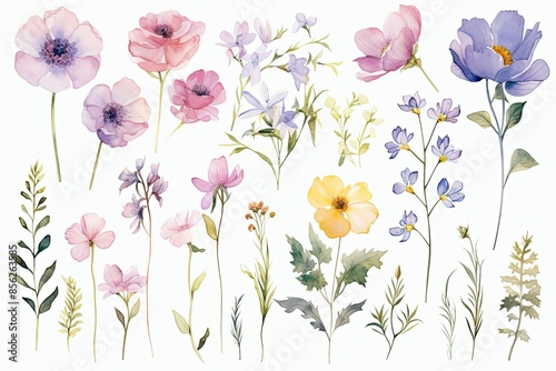 set of wildflowers illustration in watercolor, flowers over white background