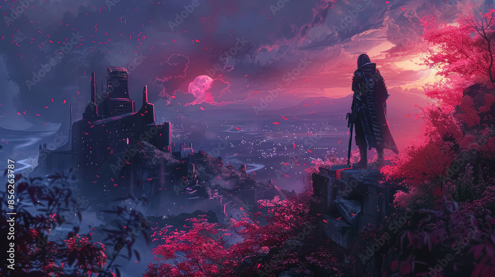 A soldier of the future in a raincoat and with a rifle stands on a hill and looks into the distance at the castle. Gaming background A soldier of the future in a raincoat and with a rifle stands on a hill and looks into the distance at the castle. Gaming background