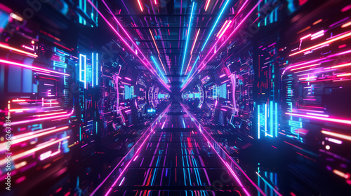 Moving forward through a neon tunnel. Desktop wallpaper and background for presentations