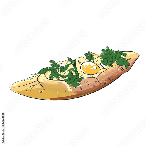 traditional boat pie with cheese and egg hand drawn isolated on white. Ajarian or georgian khachapuri drawing. bakery vector sketch in vintage engraved style. rustic pastry illustration. for design