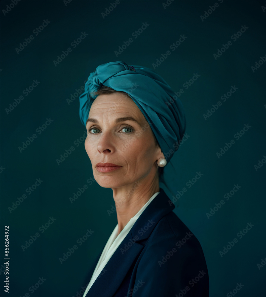 Confident business woman in her 50s wearing a traditional blue head scarf Confident business woman in her 50s wearing a traditional blue head scarf