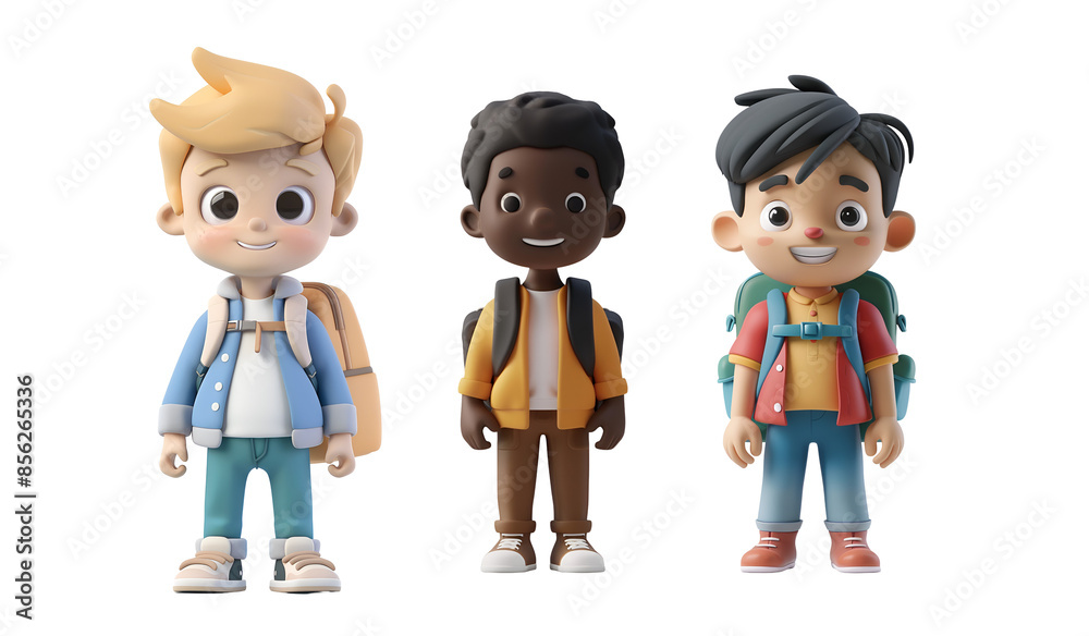 3D Render Illustration of Cute Cartoon Characters: Boys Children Students Going to School, Isolated on Transparent Background, PNG