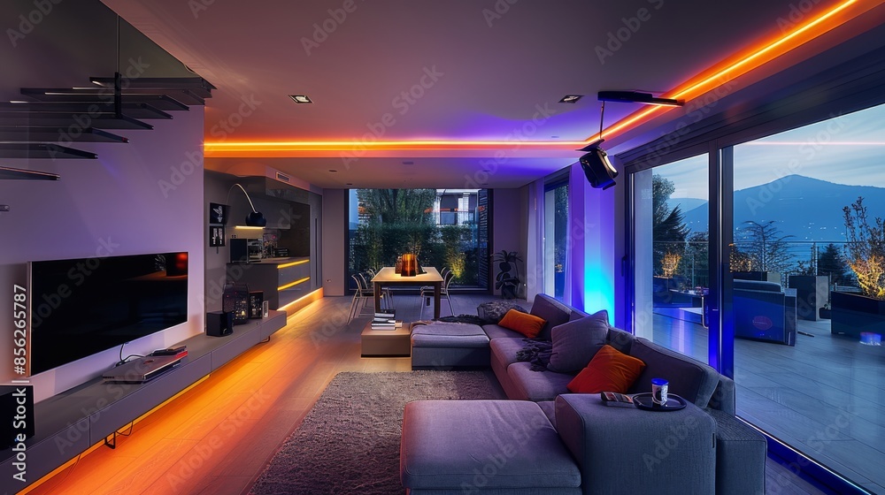 Illuminate your modern living room at night with LED strips highlighting the sofa, TV, and architectural details, creating a Illuminate your modern living room at night with LED strips highlighting the sofa, TV, and architectural details, creating a