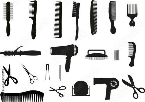 Comb, Hair set Accssoeries, tool, tools, icon, vector, hammer, set, scissors, brush, silhouette, work, 