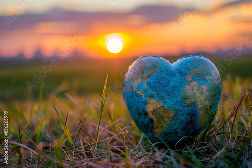 Heart Shaped Globe on Glass Field at Sunrise