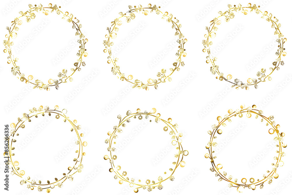 Set of six gold ornate floral wreaths, intricately designed with flowers and leaves, isolated on white background. Decorative frame design concept. Set of six gold ornate floral wreaths, intricately designed with flowers and leaves, isolated on white background. Decorative frame design concept.