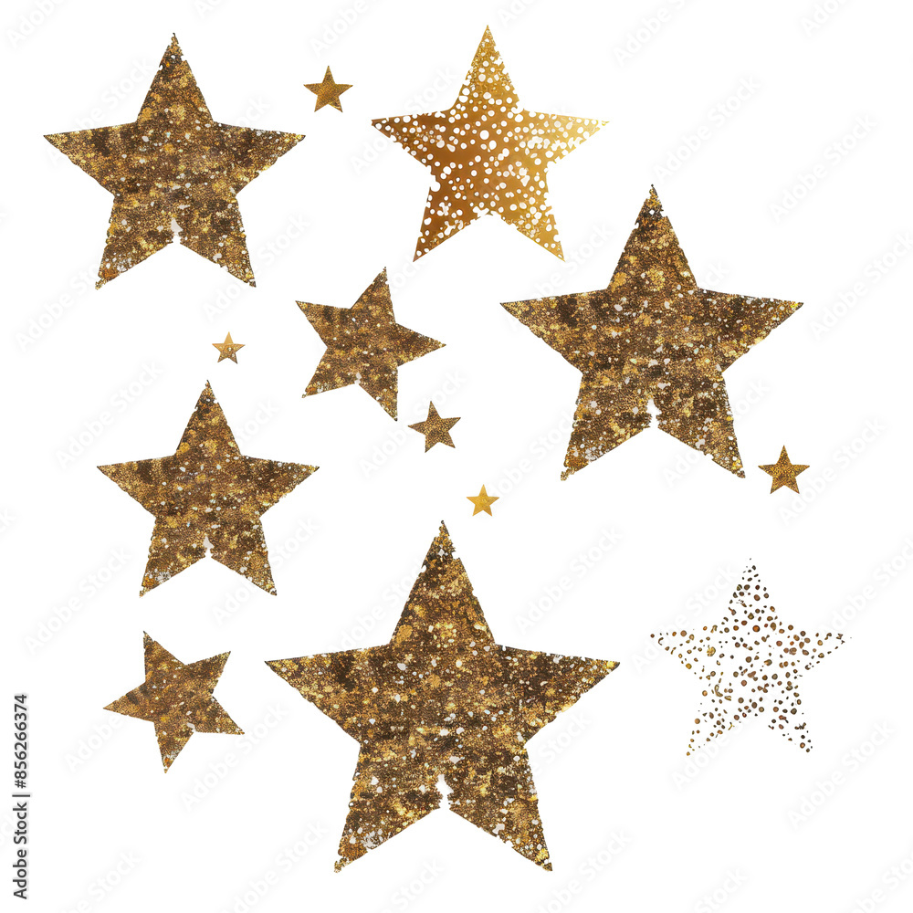 Sparkling gold stars in various sizes and shapes on a white background, evoking a festive and celebratory mood. Great for holiday and event designs. Sparkling gold stars in various sizes and shapes on a white background, evoking a festive and celebratory mood. Great for holiday and event designs.