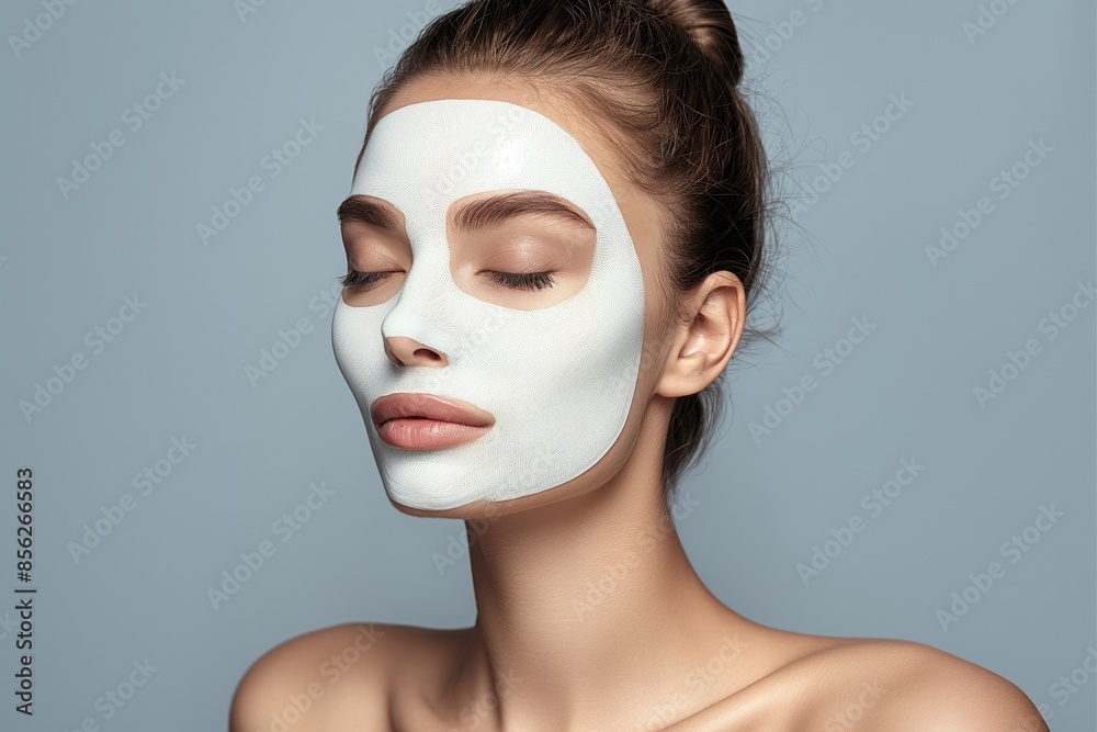 Side view of a woman with a white facial beauty mask, eyes gently closed Side view of a woman with a white facial beauty mask, eyes gently closed