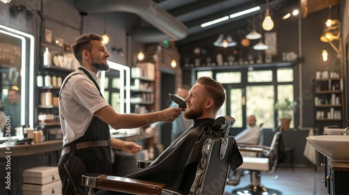 AI generated image of men's barber shop,Stylish barber shaving wiz sharp razor man's beard in a saloon.