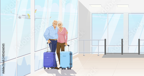 An elderly couple standing with luggage at an airport terminal, airplane in the background. Light concept of travel. Vector illustration